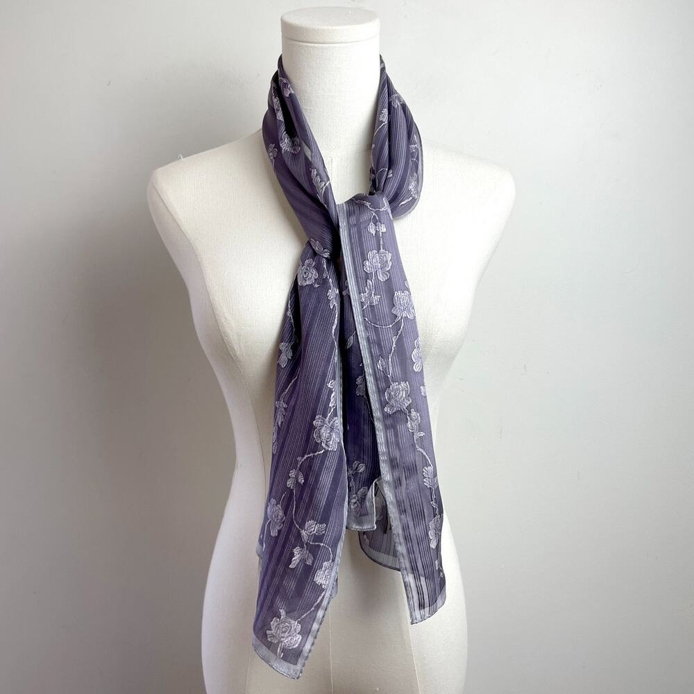 Vintage 90s Anne Klein Silk‎ Scarf Rectangle Purple Floral Cottagecore Fairy